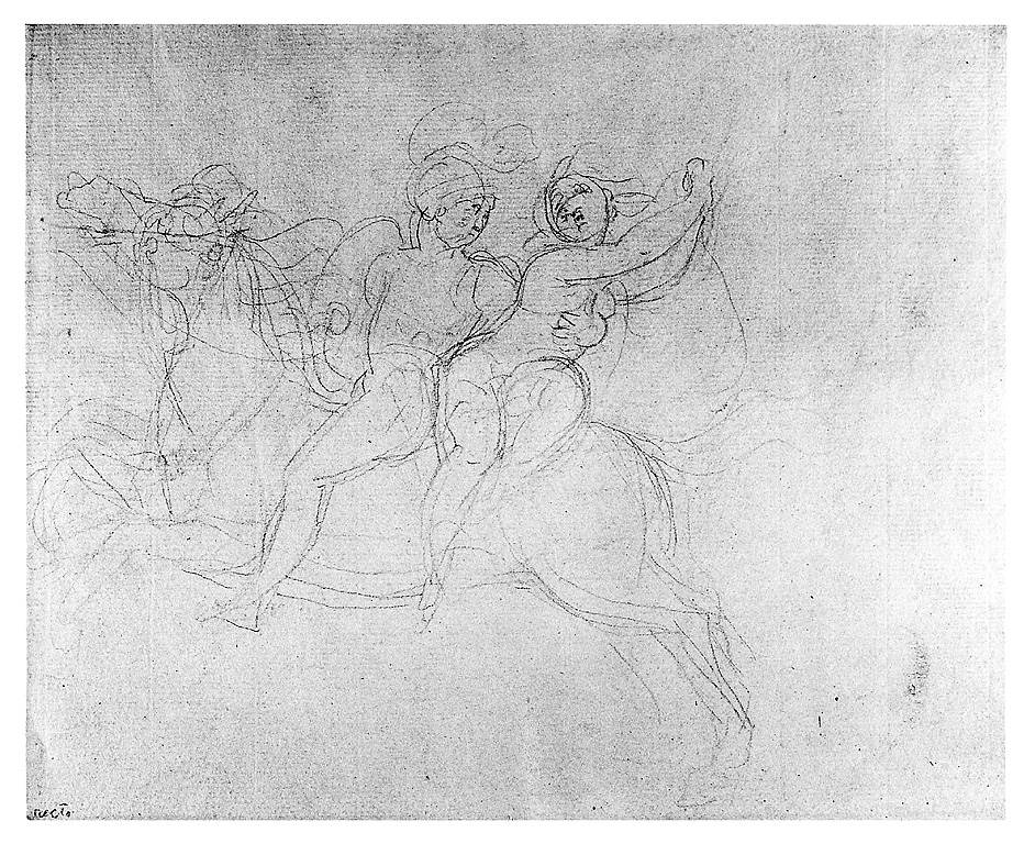 giovane a cavallo che rapisce una donna/ figura femminile che danza (disegno, opera isolata) di Cosway Richard (fine sec. XVIII)