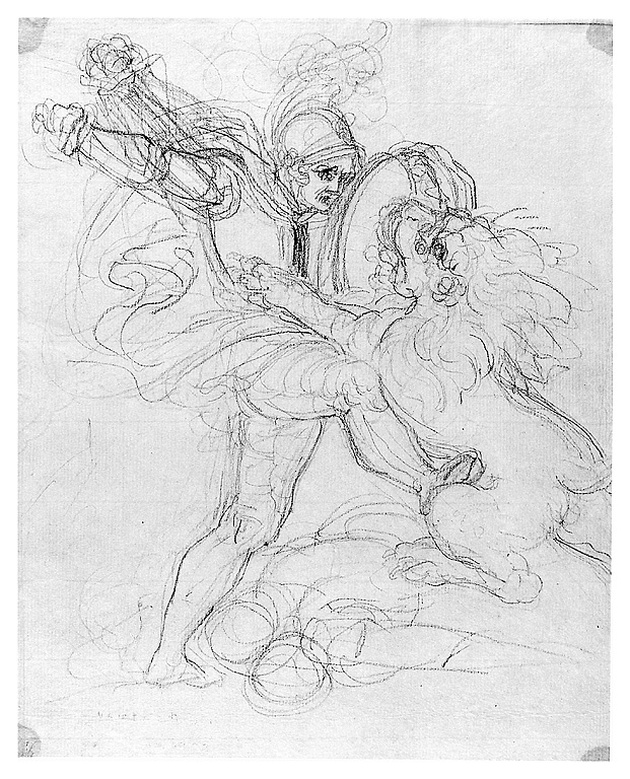 Sansloy che lotta col leone, figura maschile con leone (disegno, opera isolata) di Cosway Richard (secc. XVIII/ XIX)