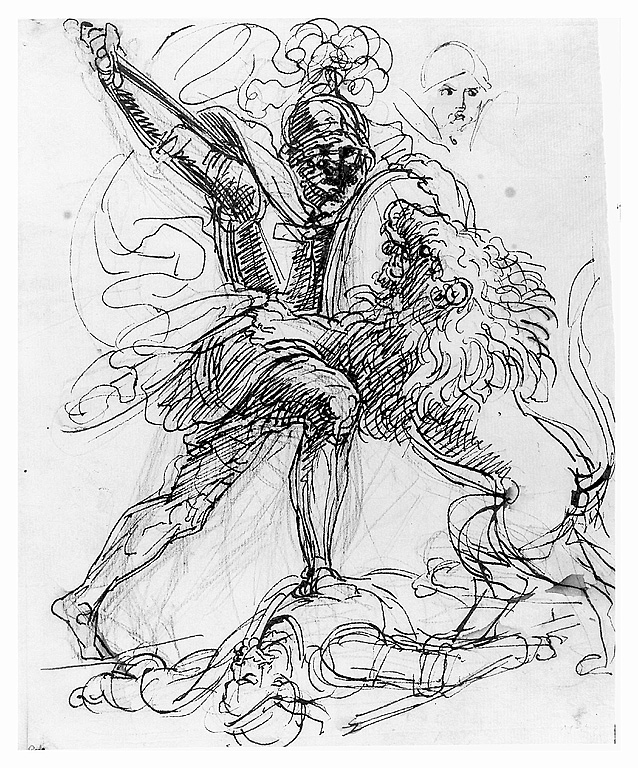Sansloy che lotta col leone, figura maschile con leone (disegno, opera isolata) di Cosway Richard (secc. XVIII/ XIX)