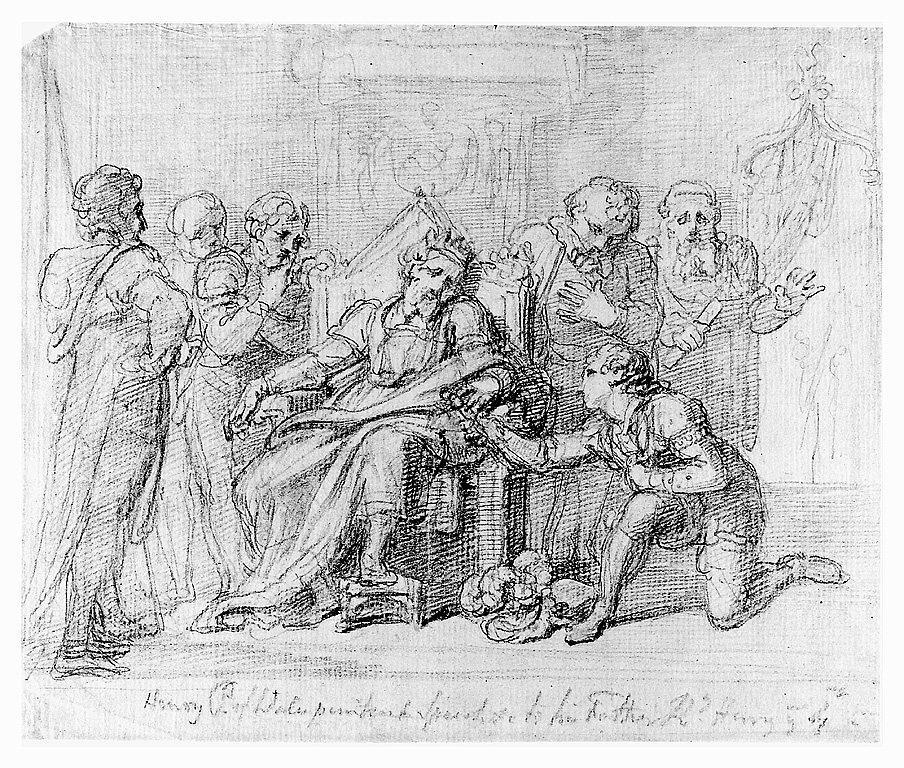 Il principe di Galles e il padre re Enrico IV, figura maschile inginocchiata con figura maschile di anziano (disegno, opera isolata) di Cosway Richard (sec. XVIII)