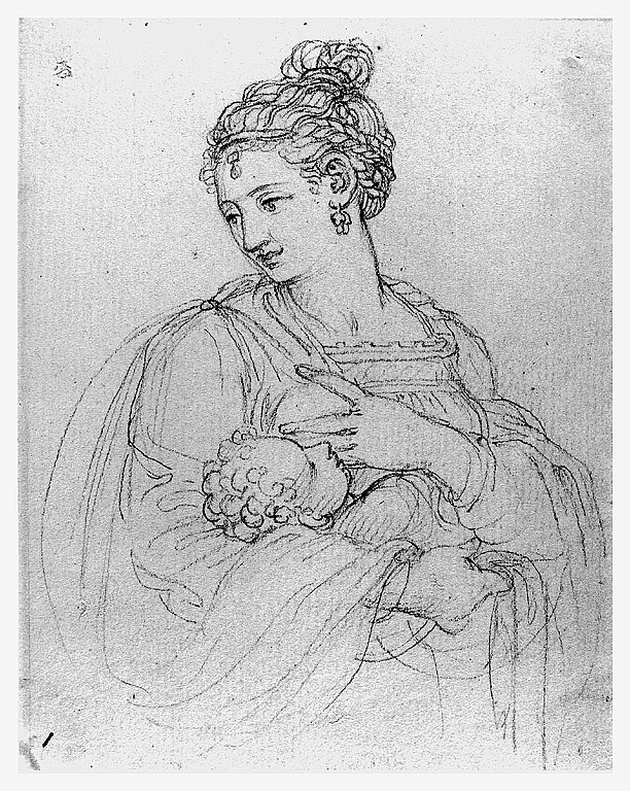 Madre che allatta, giovane madre con infante (disegno, opera isolata) di Cosway Richard (sec. XVIII)