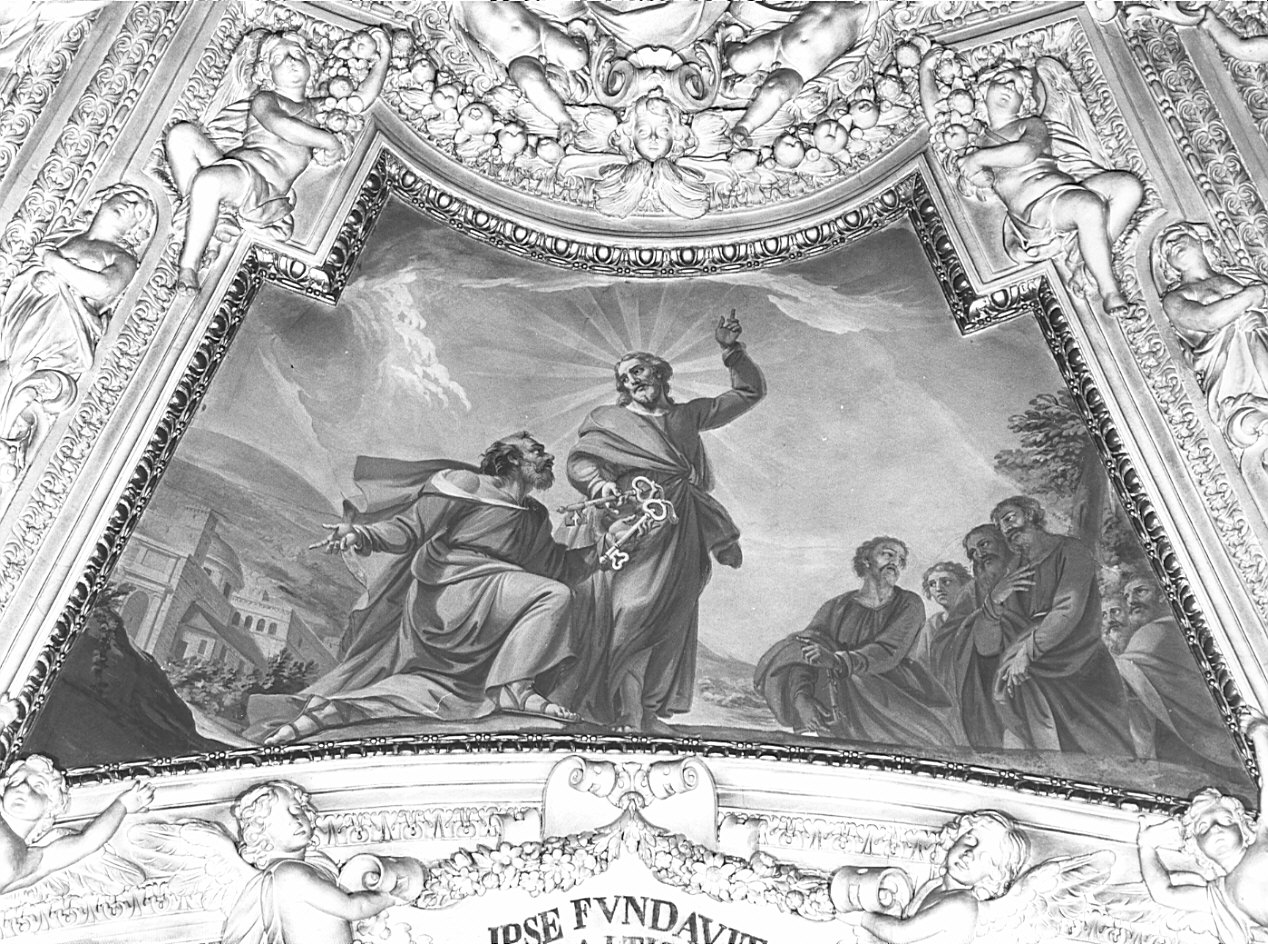 Cristo consegna le chiavi a San Pietro (dipinto, ciclo) di Pozzi Giuseppe (fine sec. XVII)