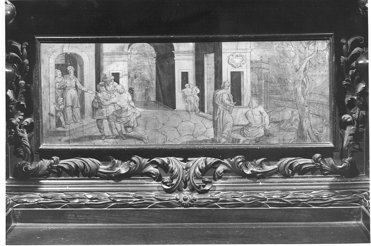 ritorno del figliol prodigo (decorazione a intarsio, opera isolata) di Caniana Giacomo Martino (secc. XVII/ XVIII)