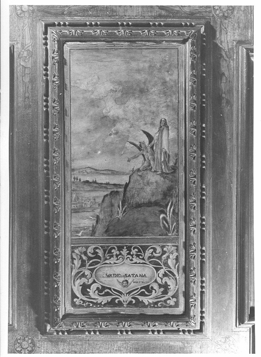 Cristo tentato da Satana (decorazione a intarsio, elemento d'insieme) di Masnada Giulio detto fra' Topolino (inizio sec. XX)