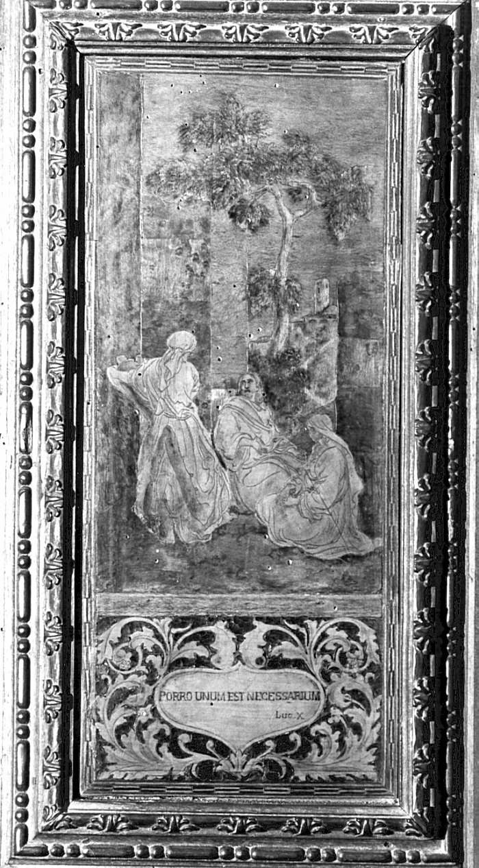 Incontro di Gesù con Marta e Maria (decorazione a intarsio, elemento d'insieme) di Masnada Giulio detto fra' Topolino (inizio sec. XX)