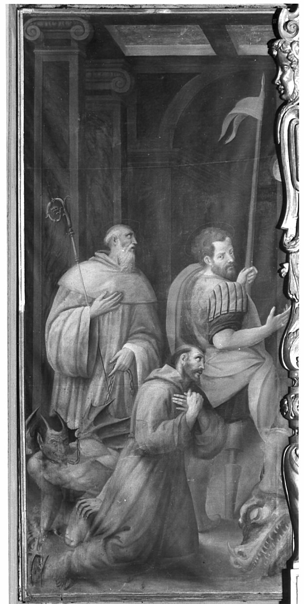 San Bernardo, San Francesco e San Giorgio (dipinto, elemento d'insieme) di Gatti Aurelio detto Soiaro (sec. XVI)