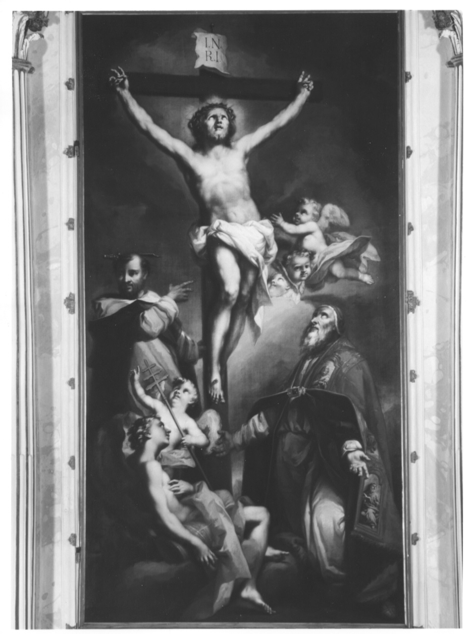 Cristo Crocifisso tra San Pietro Martire e San Pio V (pala d'altare, opera isolata) di Anselmi Giorgio (sec. XVIII)