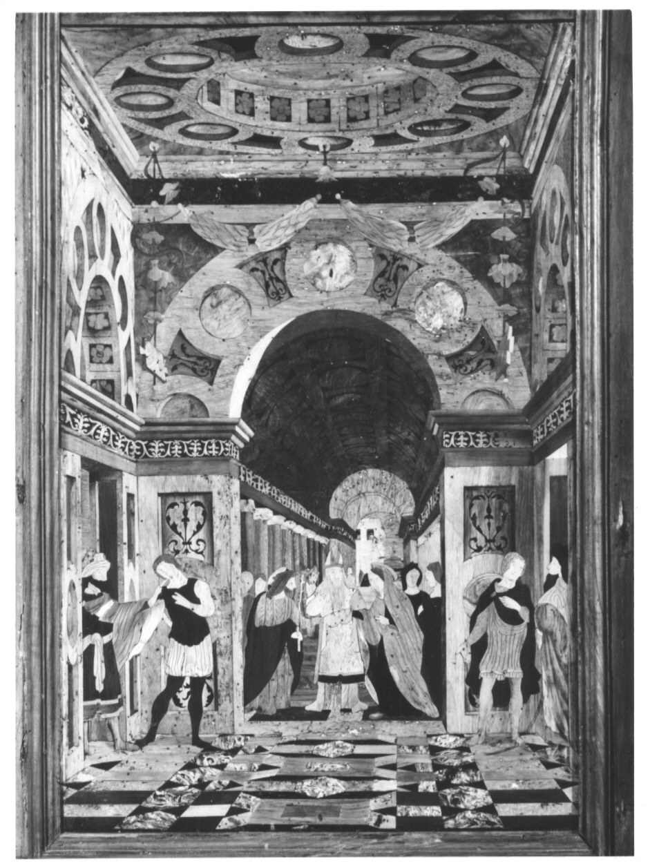 Sposalizio della Vergine, Sposalizio della Vergine: sono uniti in matrimonio dal sommo sacerdote (decorazione a intarsio, complesso decorativo) di Zambelli Damiano detto fra' Damiano da Bergamo, Suardi Bartolomeo detto Bramantino (sec. XVI)