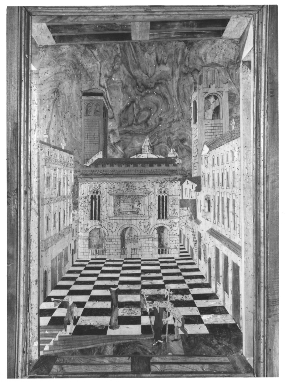 Piazza di Bergamo (decorazione a intarsio, complesso decorativo) di Zambelli Damiano detto fra' Damiano da Bergamo (sec. XVI)