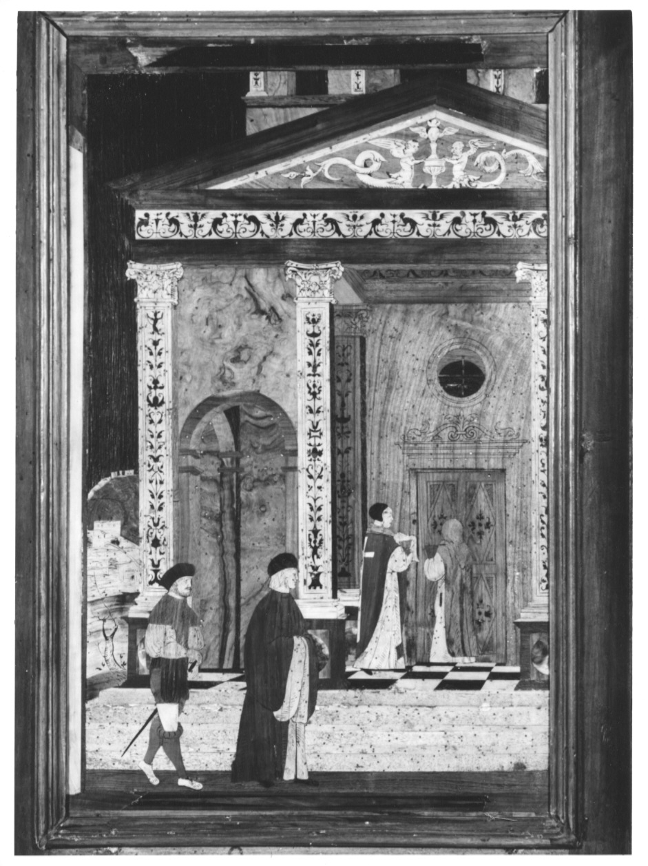 Un sacerdote entra in chiesa per celebrare la messa (decorazione a intarsio, complesso decorativo) di Zambelli Damiano detto fra' Damiano da Bergamo (sec. XVI)