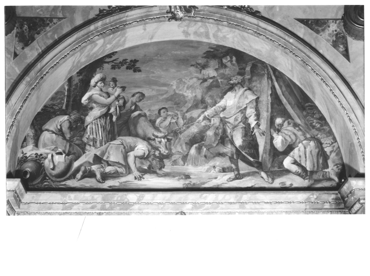 Mosè percuote due volte la roccia, davanti al popolo riunito, e ne scaturisce l'acqua (dipinto, ciclo) di Diziani Gaspare (sec. XVIII)