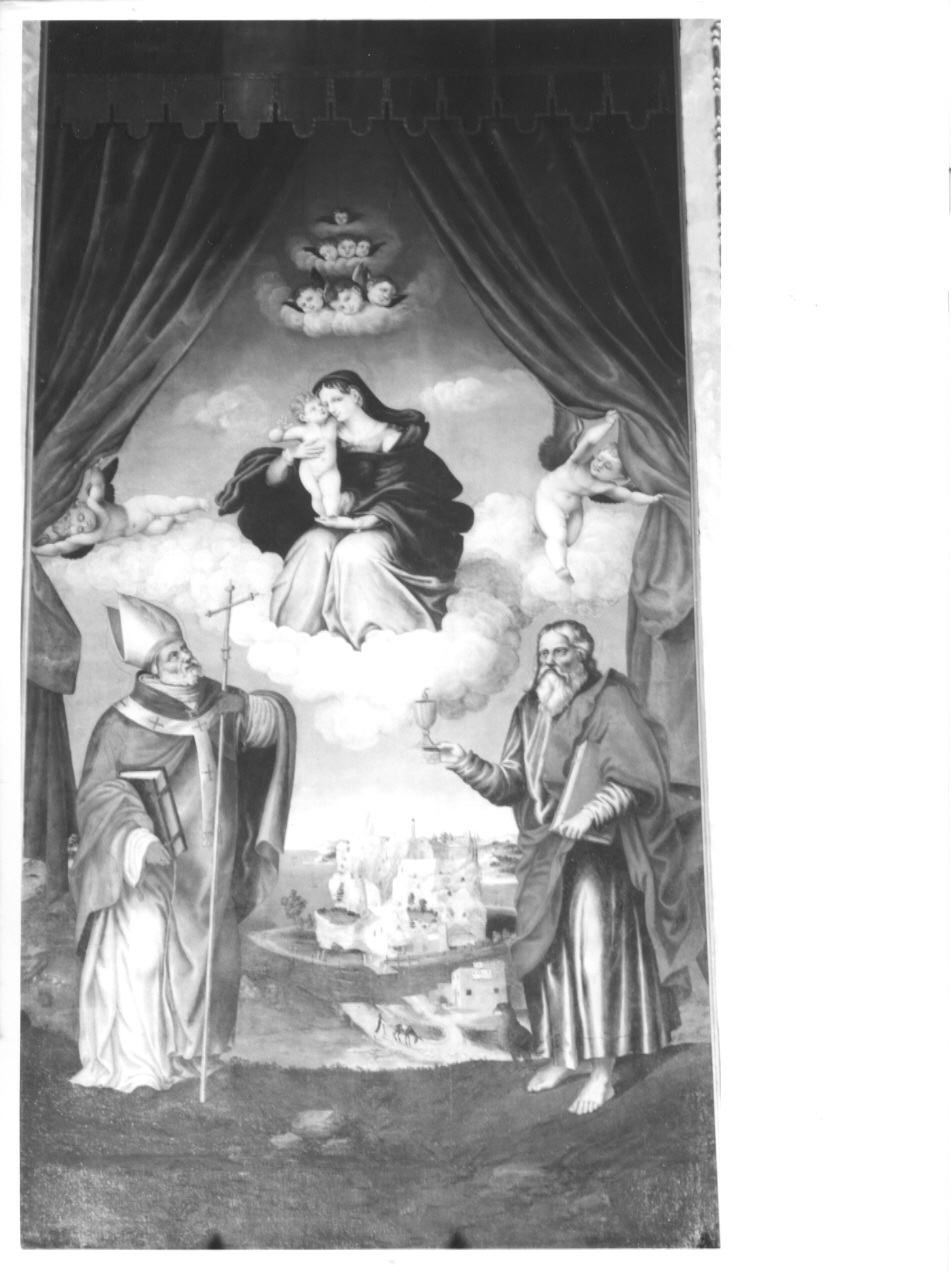 Madonna raffigurata sulle nuvole con ai piedi San Giovanni Evangelista e Sant'antonio vescovo (dipinto, opera isolata) di Facheris Agostino detto Agostino da Caversegno (attribuito) (sec. XVI)