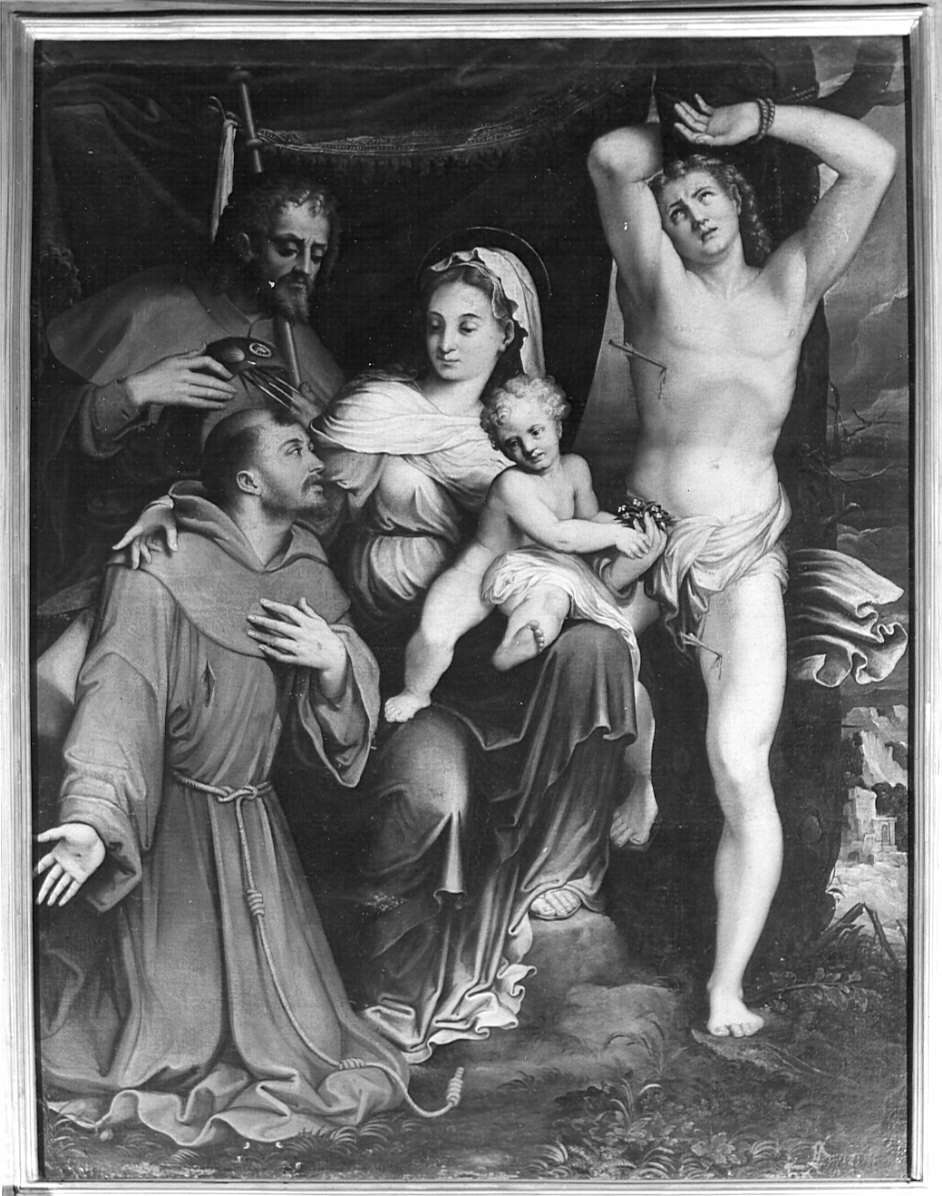 madonna con Bambino con San Francesco, San Sebastiano e San Rocco (dipinto, opera isolata) di Ghisoni Fermo detto Fermo da Caravaggio (sec. XVI, sec. XVII)