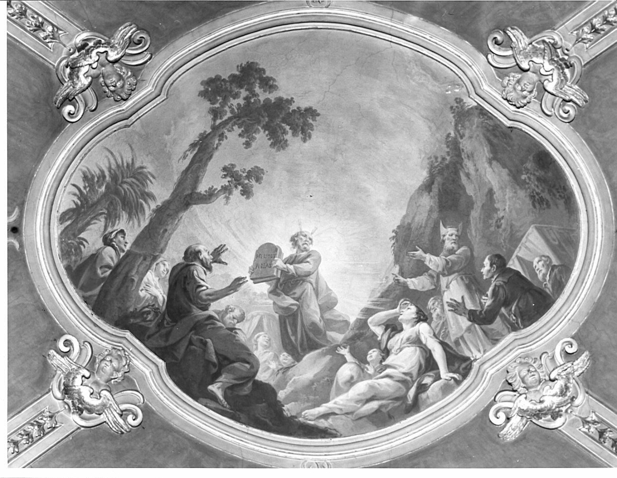 Mosè con le tavole della legge scende dal monte Sinai (dipinto, elemento d'insieme) di Ferrari Pietro Melchiorre (seconda metà sec. XVIII)