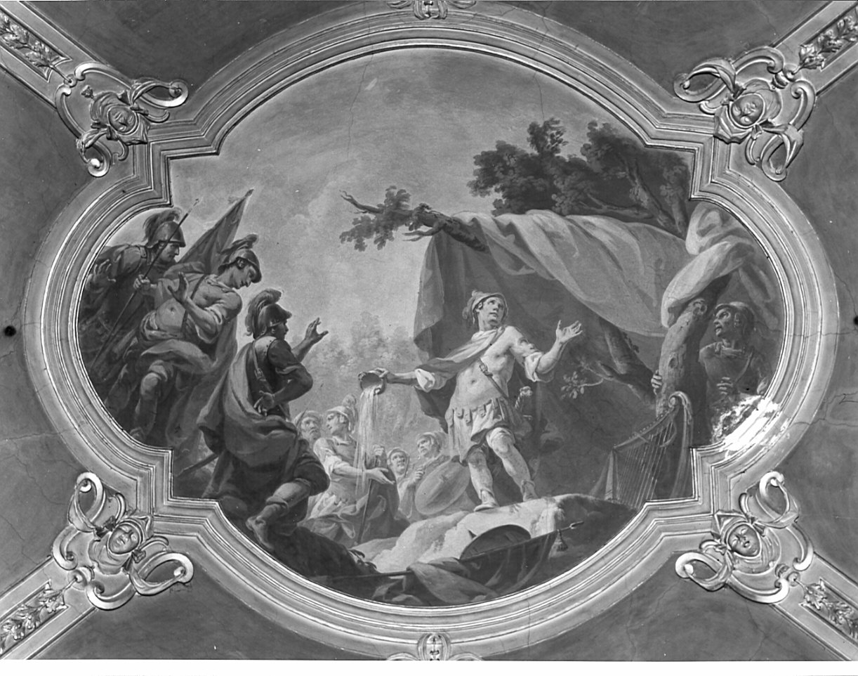 David offre a Dio l'acqua portata dai tre prodi (dipinto, elemento d'insieme) di Ferrari Pietro Melchiorre (seconda metà sec. XVIII)