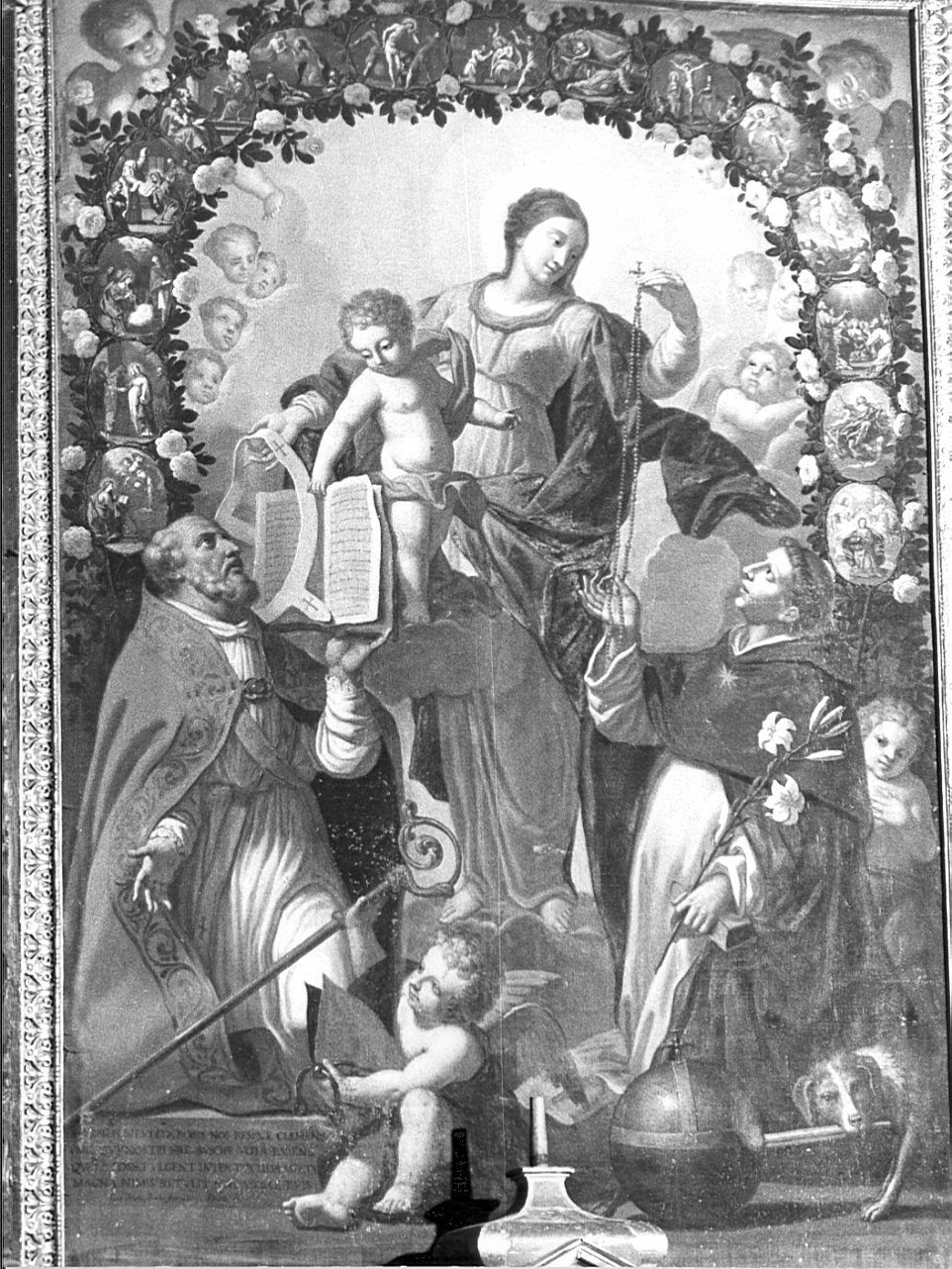 Madonna del Rosario con San Domenico, San Nicola e misteri del rosario (dipinto, opera isolata) di Bittini Giovanni Maria (inizio sec. XVIII)