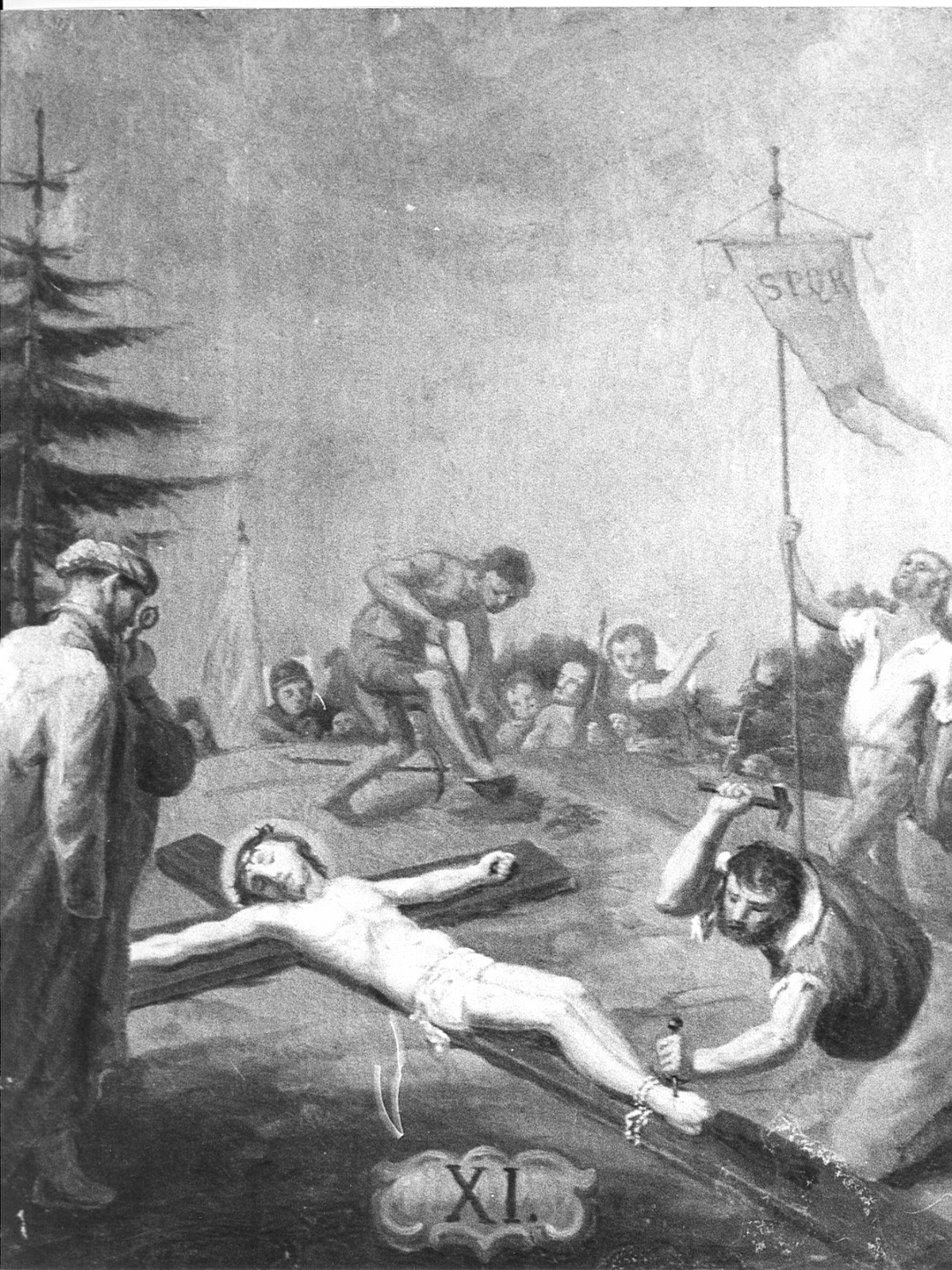 stazione XI: Gesù inchiodato alla croce (dipinto, elemento d'insieme) - ambito bergamasco (sec. XVIII)