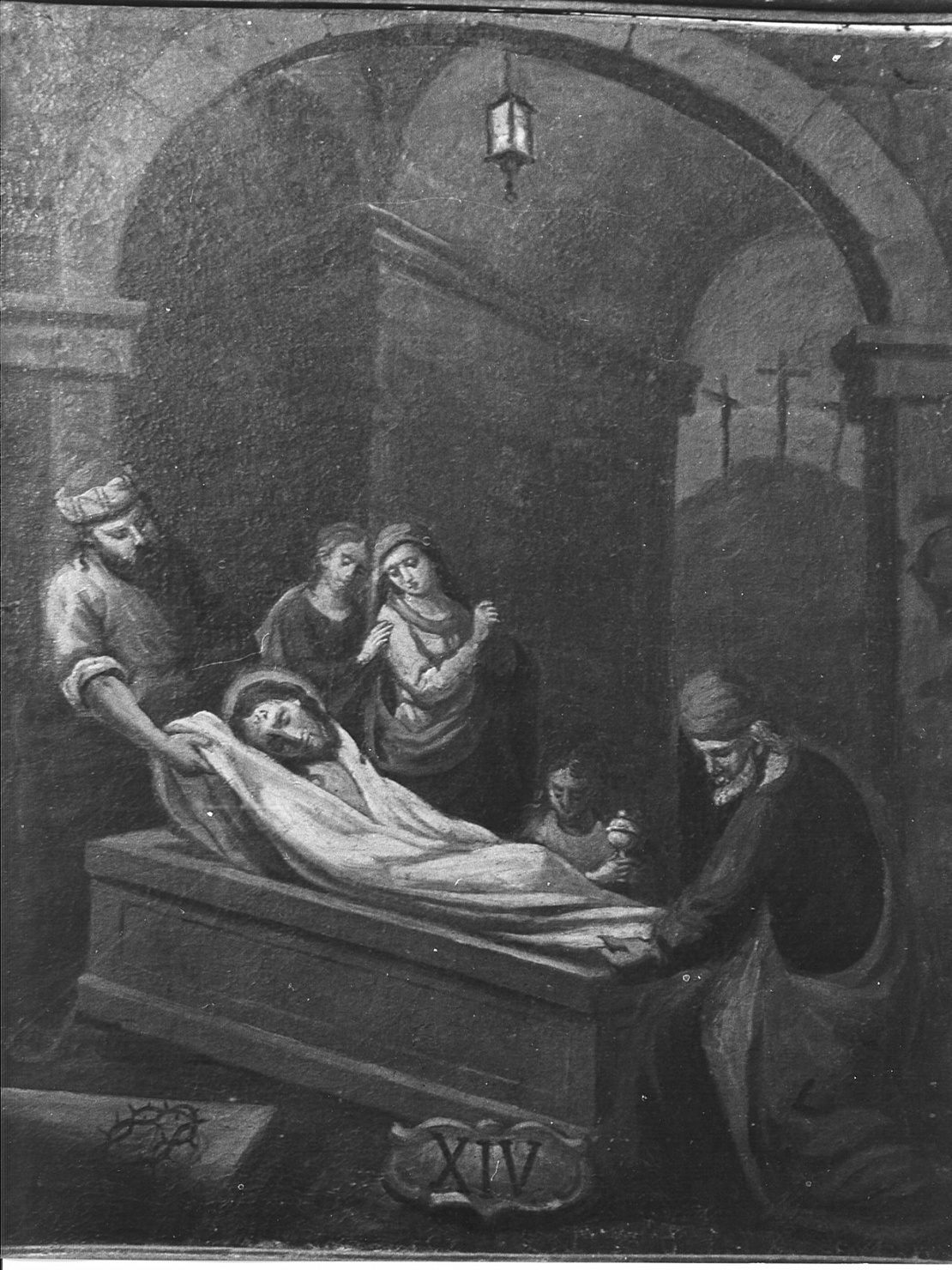 stazione XIV: Gesù deposto nel sepolcro (dipinto, elemento d'insieme) - ambito bergamasco (sec. XVIII)