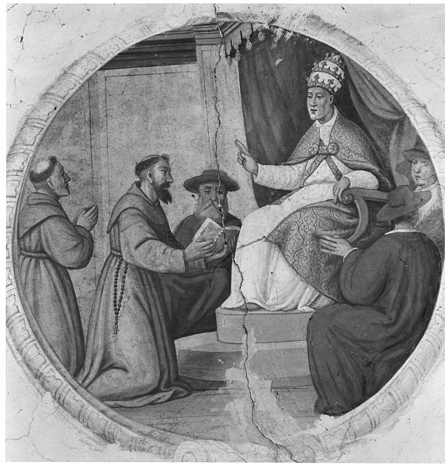 Papa Innocenzo III approva la regola francescana (dipinto, elemento d'insieme) - ambito bergamasco (fine/inizio secc. XVI/ XVII)