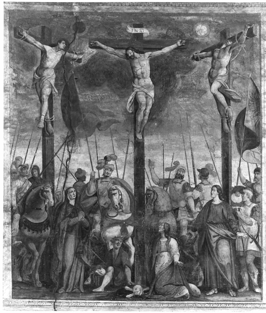 Crocifissione di Cristo con la Madonna, Santa Maria Maddalena e San Giovanni Evangelista (dipinto, elemento d'insieme) - ambito bergamasco (sec. XVII)