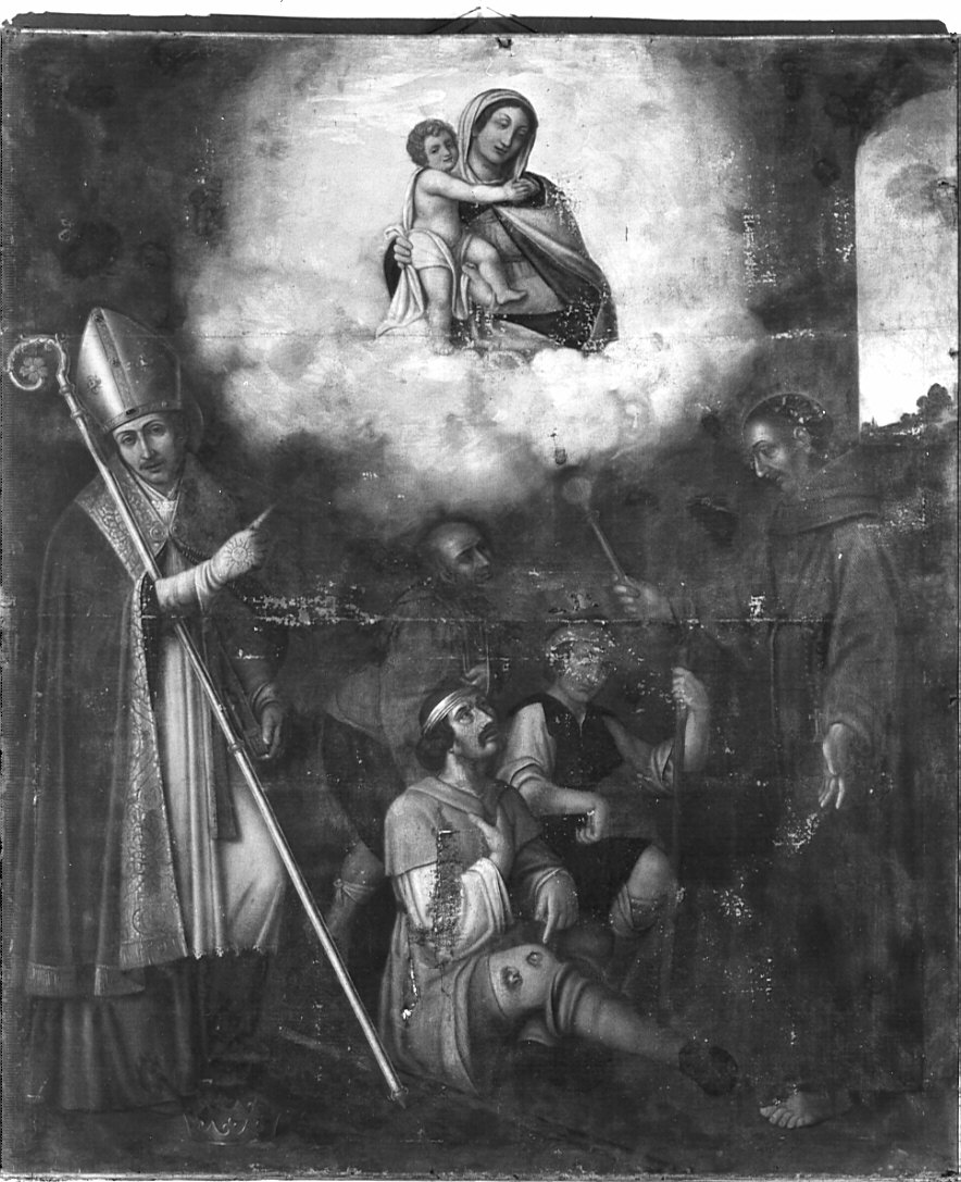 Madonna con Bambino, San Ludovico e San Salvatore da Horta, Madonna con Bambino in gloria e santi (dipinto, opera isolata) di Salmeggia Francesco (attribuito) (sec. XVII)