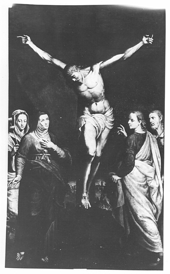 crocifissione di Cristo con la Madonna e santi (dipinto, frammento) di Ghisi Teodoro (attribuito) (sec. XVI)