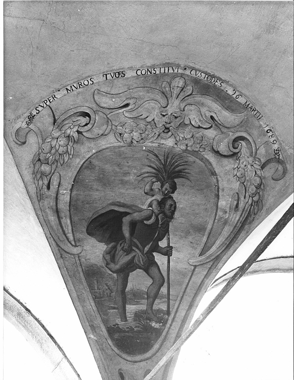 San Cristoforo guada il fiume con Gesù Bambino sulle spalle (dipinto, opera isolata) - ambito bergamasco (fine/inizio secc. XVII/ XVIII)