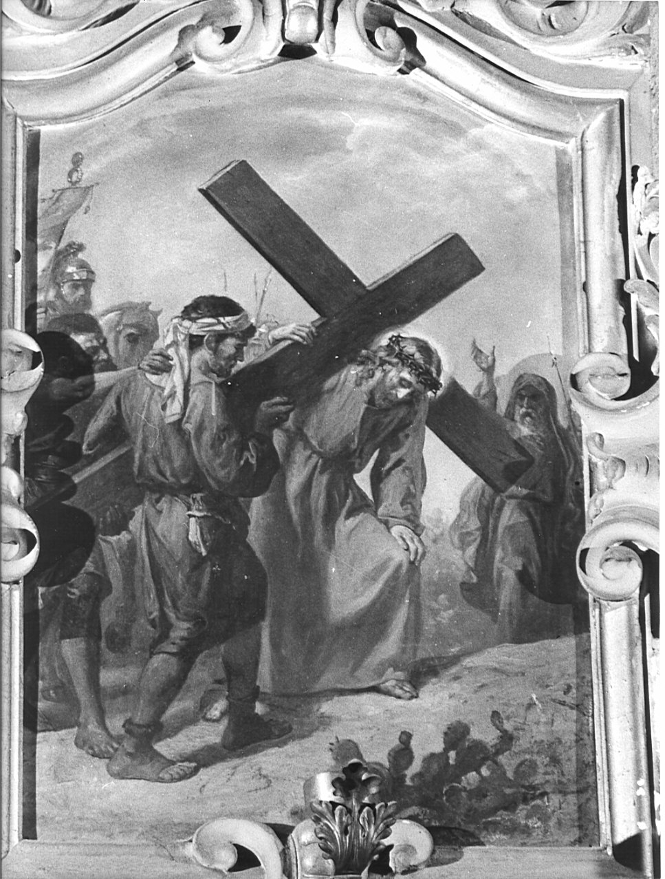 stazione V: Gesù aiutato da Simone il Cireneo a portare la croce (dipinto, elemento d'insieme) di Morgari Luigi (attribuito) (inizio sec. XX)