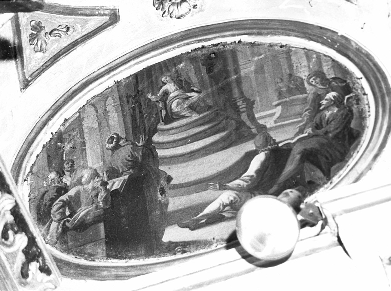 disputa di Gesù con i dottori nel tempio (dipinto, elemento d'insieme) di Raggi G.A (attribuito) (metà sec. XVIII)
