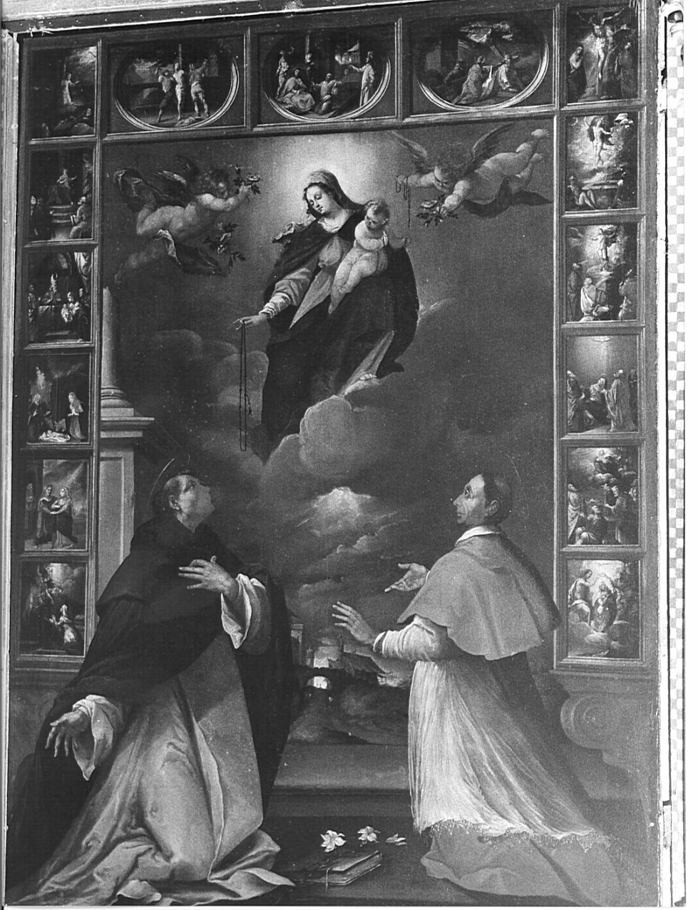 Madonna del Rosario con San Domenico, San Carlo e misteri del Rosario (dipinto, opera isolata) - ambito bergamasco (sec. XVII)
