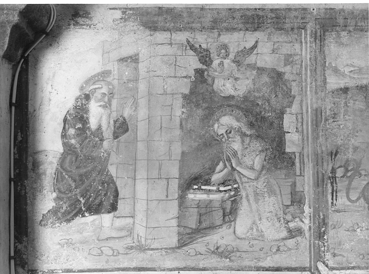 Sant'Antonio Abate visita San Paolo Eremita nel deserto (dipinto, elemento d'insieme) di Boselli Antonio (e aiuti) (primo quarto sec. XVI)