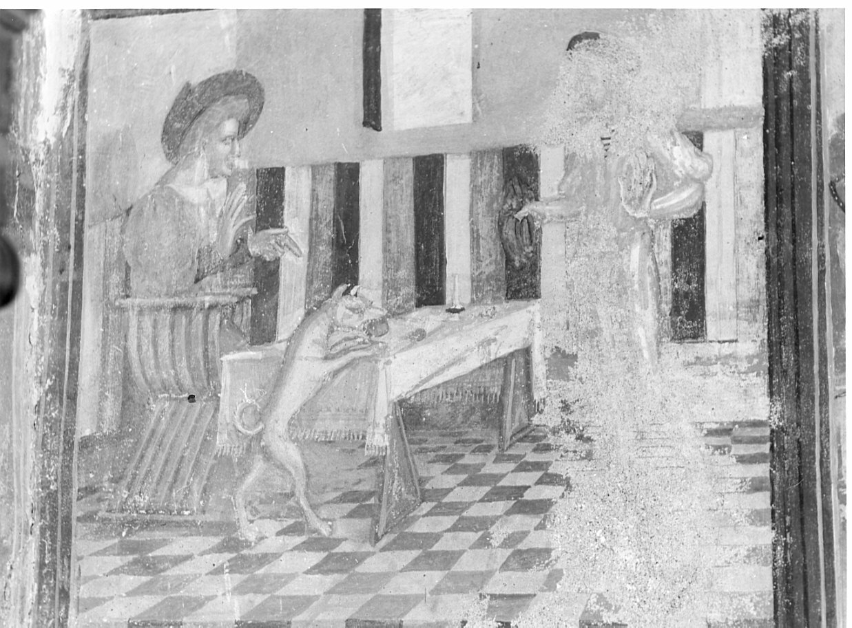 un cane ruba il pane dalla mensa del proprio padrone per portarlo a San Rocco (dipinto, elemento d'insieme) di Boselli Antonio (e aiuti) (primo quarto sec. XVI)