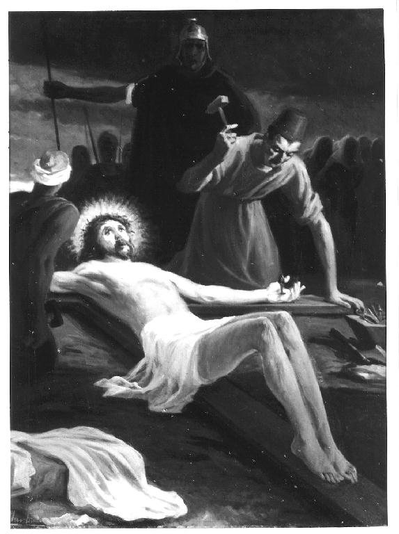 stazione XI: Gesù inchiodato alla croce (dipinto, elemento d'insieme) di Nembrini Emilio (sec. XX)