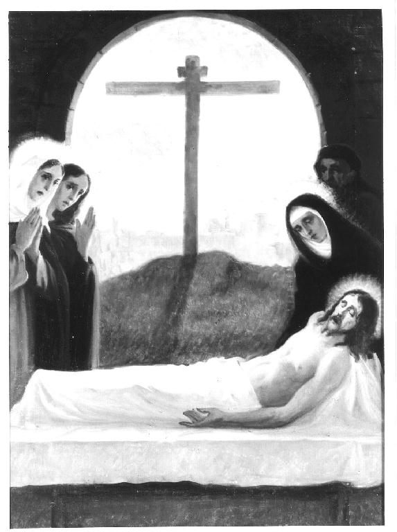 stazione XIV: Gesù deposto nel sepolcro (dipinto, elemento d'insieme) di Nembrini Emilio (sec. XX)