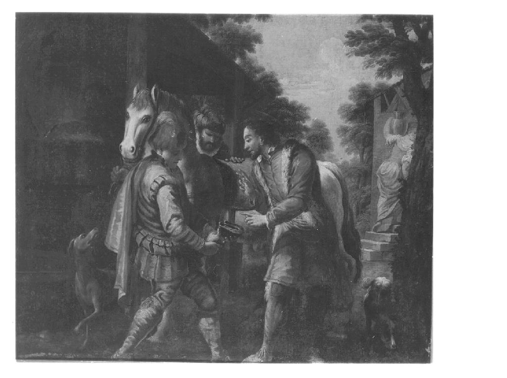 Sant'Eligio riattacca la zampa ad un cavallo dopo averla staccata per ferrarla, Sant'Eligio riattacca la zampa di un cavallo (dipinto, opera isolata) di Cotta Giacomo (attribuito) (terzo quarto sec. XVII)