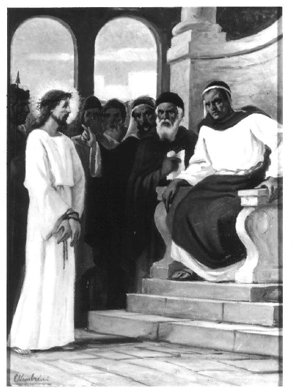 Cristo davanti a Pilato, stazione I: Gesù condAnnato a morte (dipinto, elemento d'insieme) di Nembrini Emilio (sec. XX)