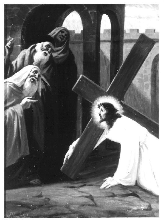 stazione III: Gesù cade sotto la croce la prima volta (dipinto, elemento d'insieme) di Nembrini Emilio (sec. XX)