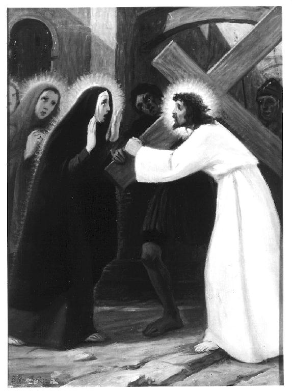 stazione IV: Gesù incontra la Madonna (dipinto, elemento d'insieme) di Nembrini Emilio (sec. XX)