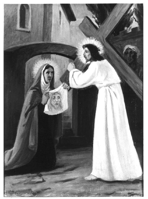 stazione VI: Gesù asciugato dalla Veronica (dipinto, elemento d'insieme) di Nembrini Emilio (sec. XX)