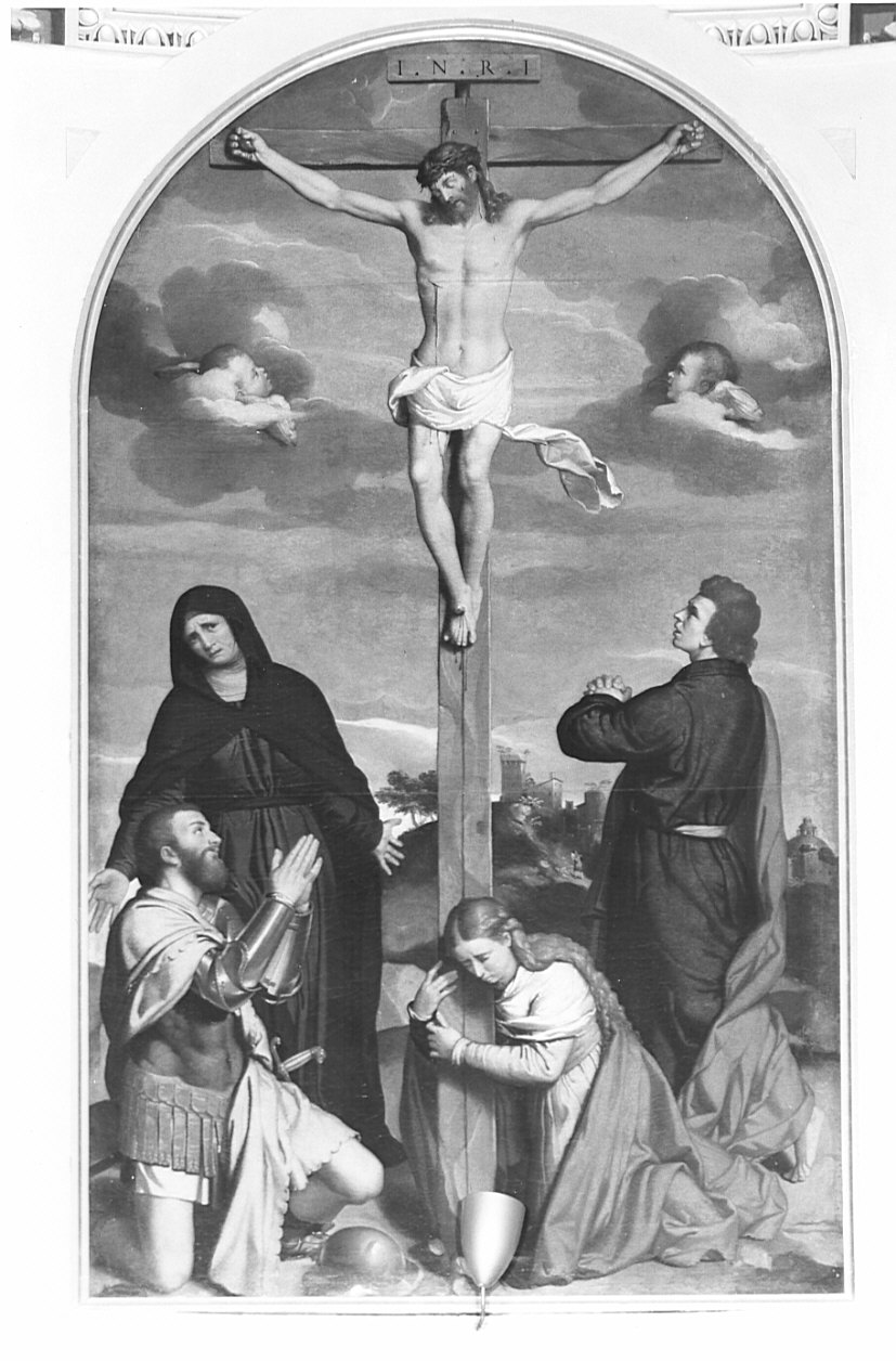 crocifissione di Cristo (dipinto, opera isolata) di Moroni Giovan Battista (attribuito) (sec. XVI)