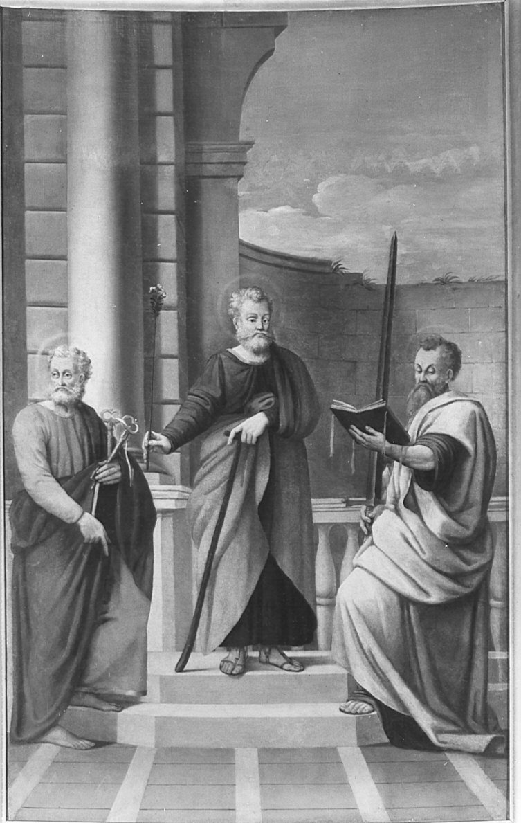 San Giuseppe tra i Santi Pietro e Paolo (dipinto, opera isolata) di Moroni Giovan Battista (scuola) (fine sec. XVI)