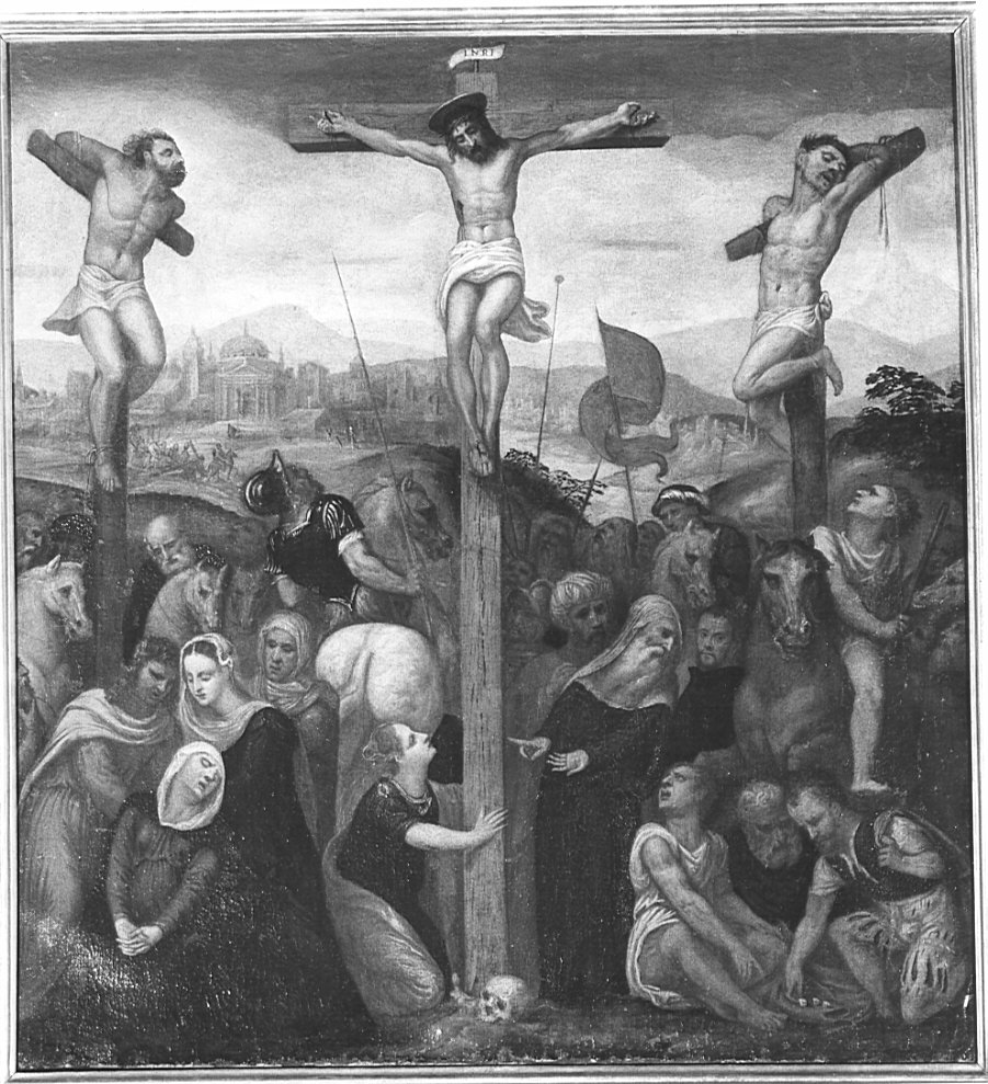 crocifissione di Cristo (dipinto, opera isolata) di Averara Giovanni Battista (cerchia) (metà sec. XVI)