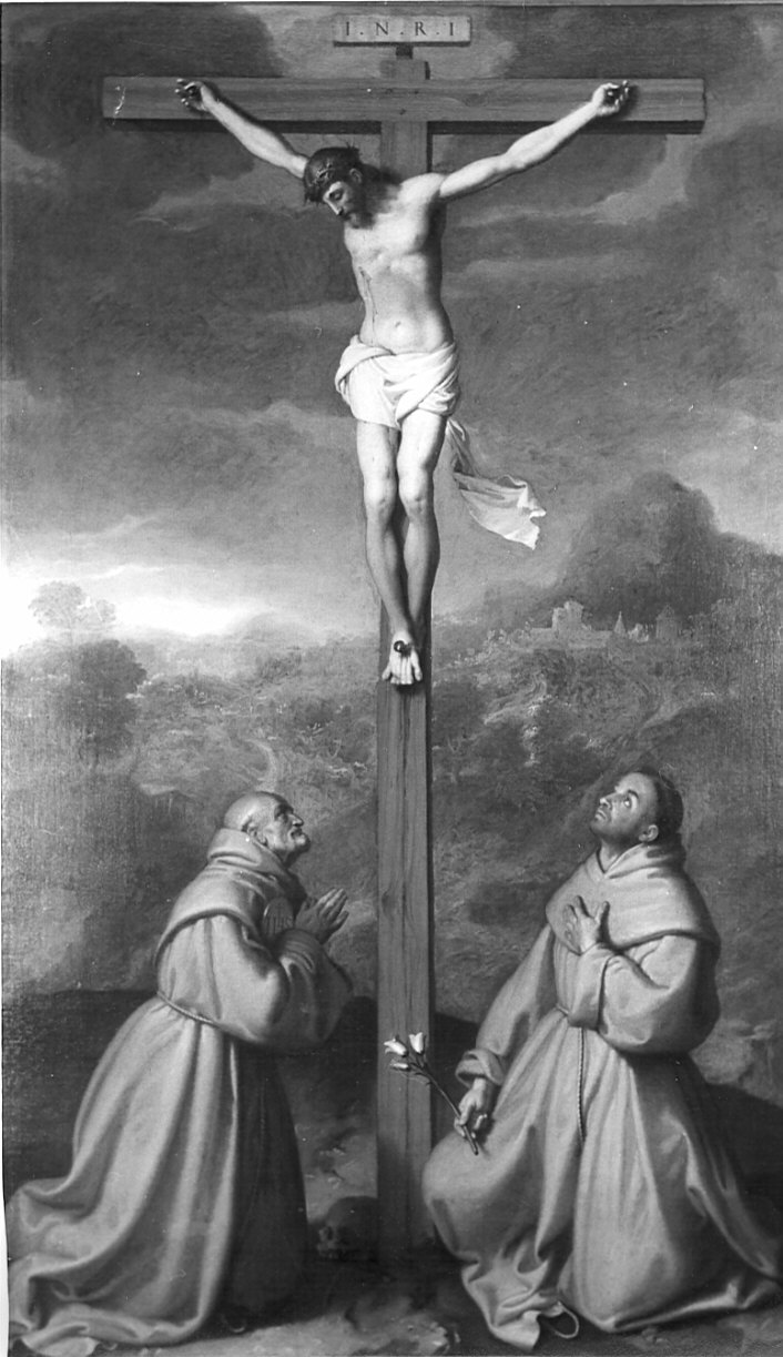 Cristo crocifisso tra santi (dipinto, opera isolata) di Moroni Giovan Battista (sec. XVI)