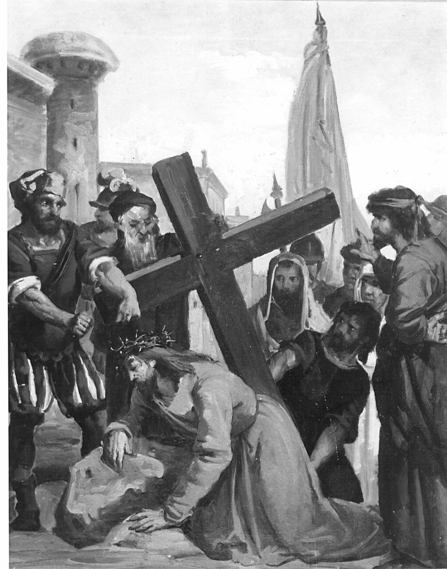 stazione III: Gesù cade sotto la croce la prima volta (dipinto, elemento d'insieme) di Pezzotta Giovanni (sec. XIX)