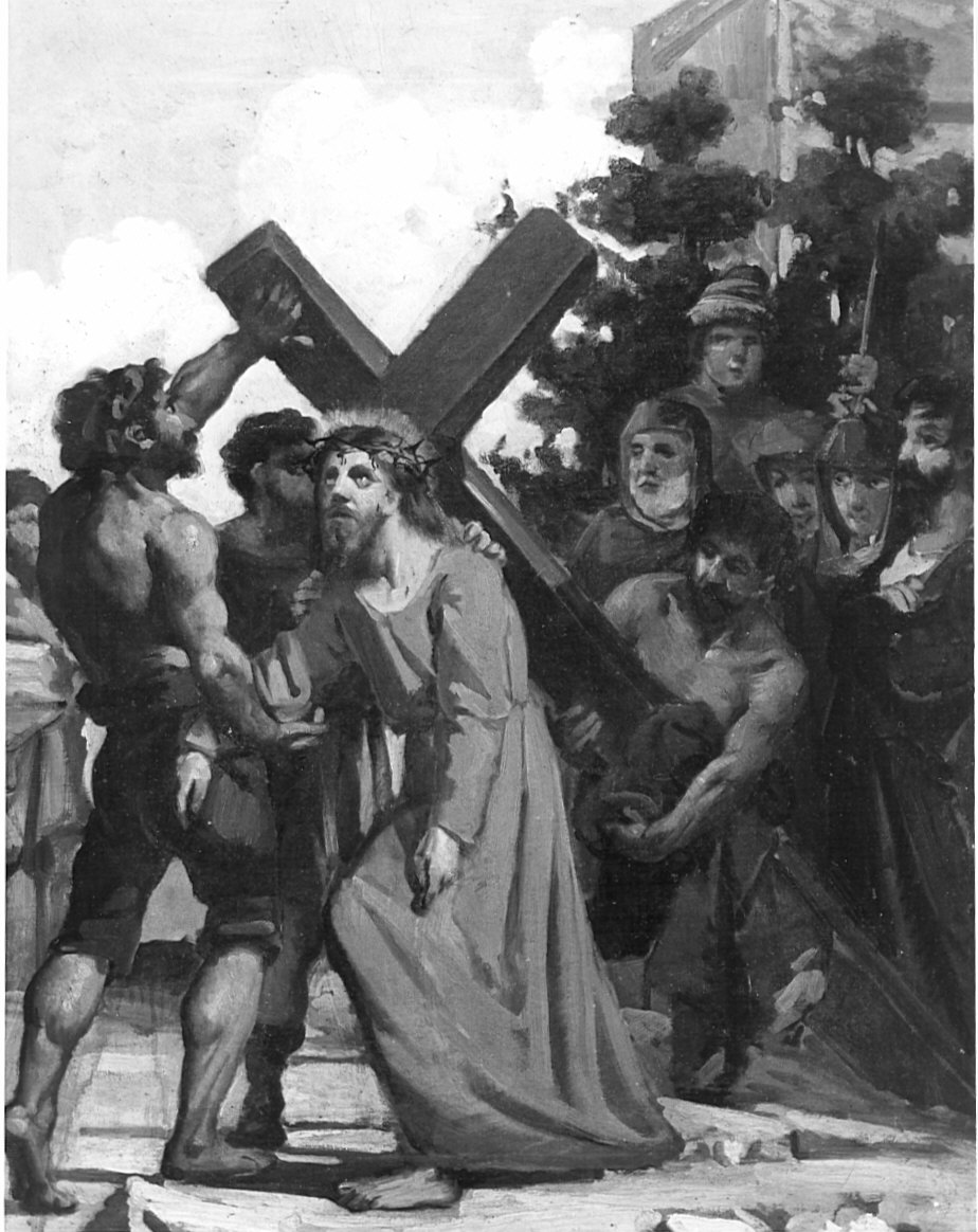 stazione V: Gesù aiutato da Simone il Cireneo a portare la croce (dipinto, elemento d'insieme) di Pezzotta Giovanni (sec. XIX)