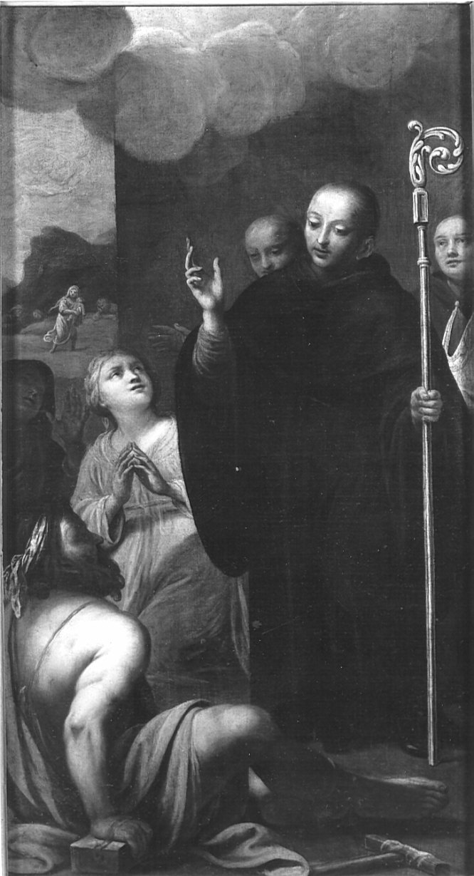 Signum Sancti Mauri, San Mauro impartisce la benedizione a un infermo (dipinto, opera isolata) di Danedi Giovanni Stefano detto Montalto (attribuito) (prima metà sec. XVII)
