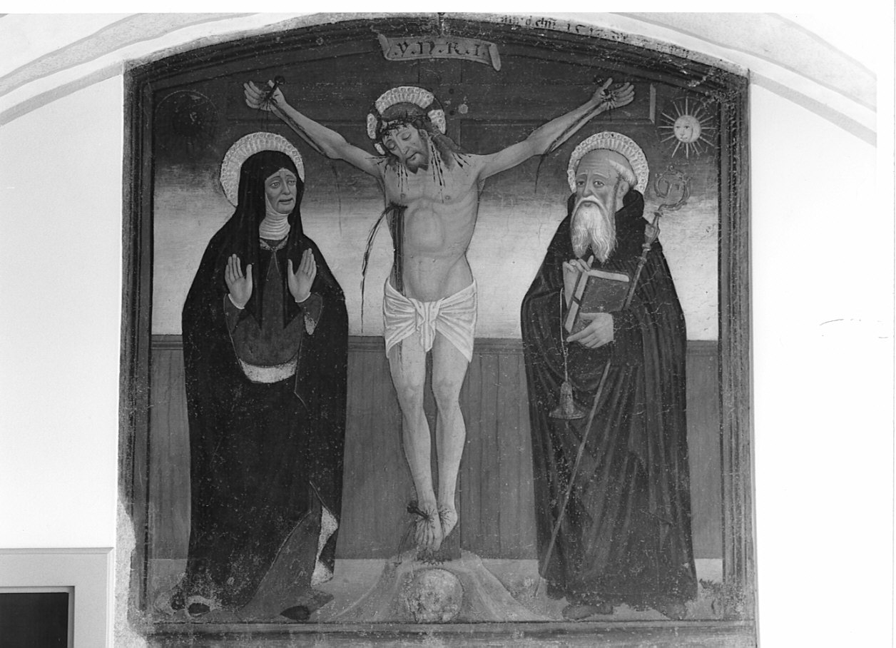 Cristo crocifisso con la Madonna e Sant'Antonio Abate (dipinto, opera isolata) di Maffiolo da Cazzano (maniera) (sec. XVI)