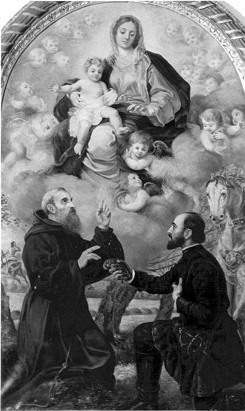 Madonna con Bambino/ Santo francescano/ offerente (dipinto, opera isolata) di Corsiera Sacchi Cavallina (sec. XX)