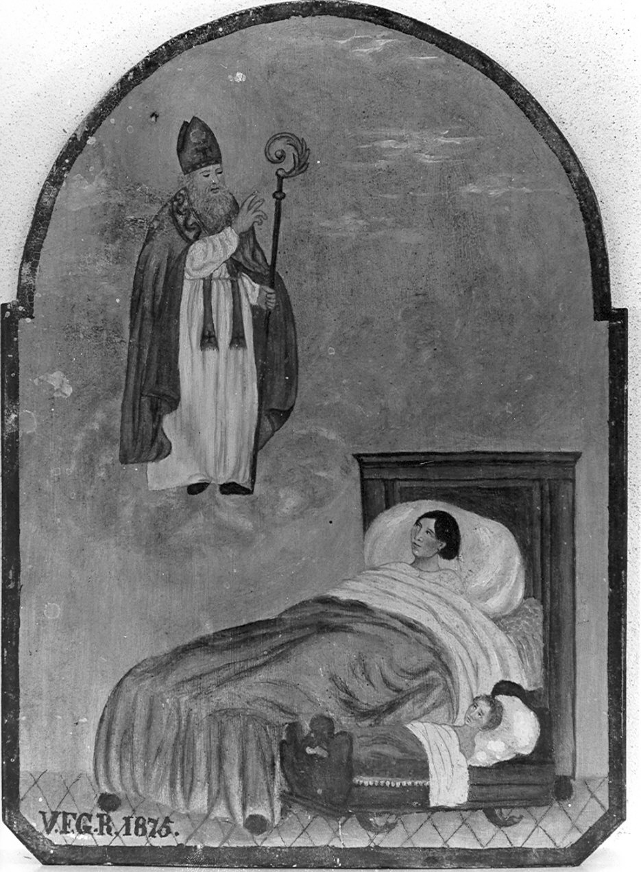 San Patrizio guarisce madre e figlio infermi (ex voto, opera isolata) - ambito lombardo (sec. XIX)