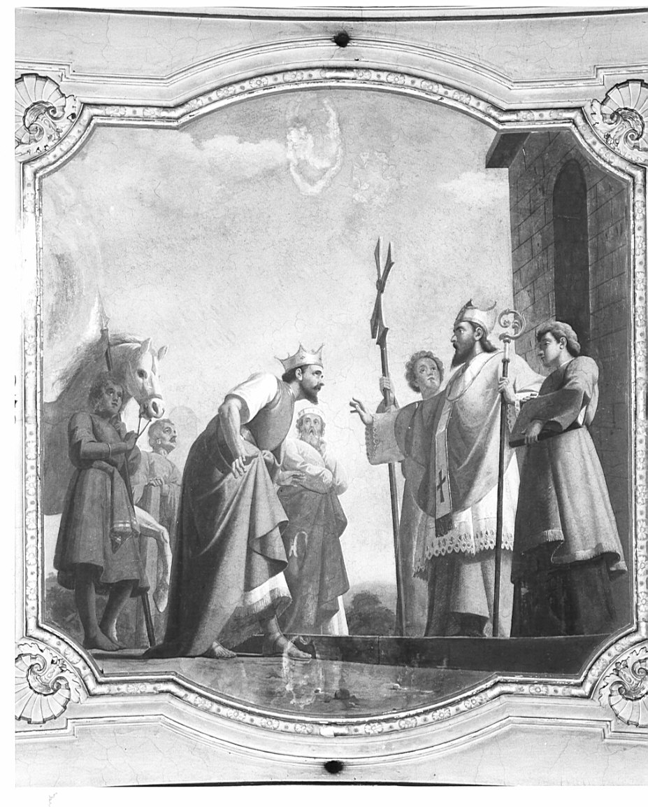 Sant'Ambrogio rifiuta l'ingresso in chiesa all'imperatore Teodosio (dipinto, opera isolata) di Galizzi Luigi (inizio sec. XX)